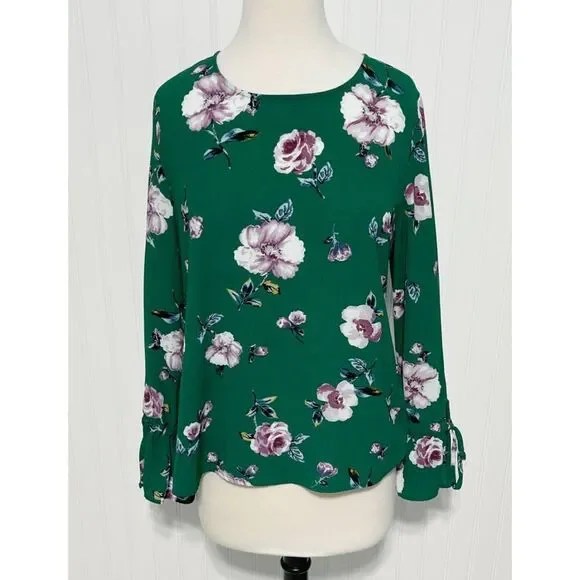 Live To Be Spoiled Floral Print Long Bell Sleeve Blouse Keyhole Back Green Large - Picture 14 of 14